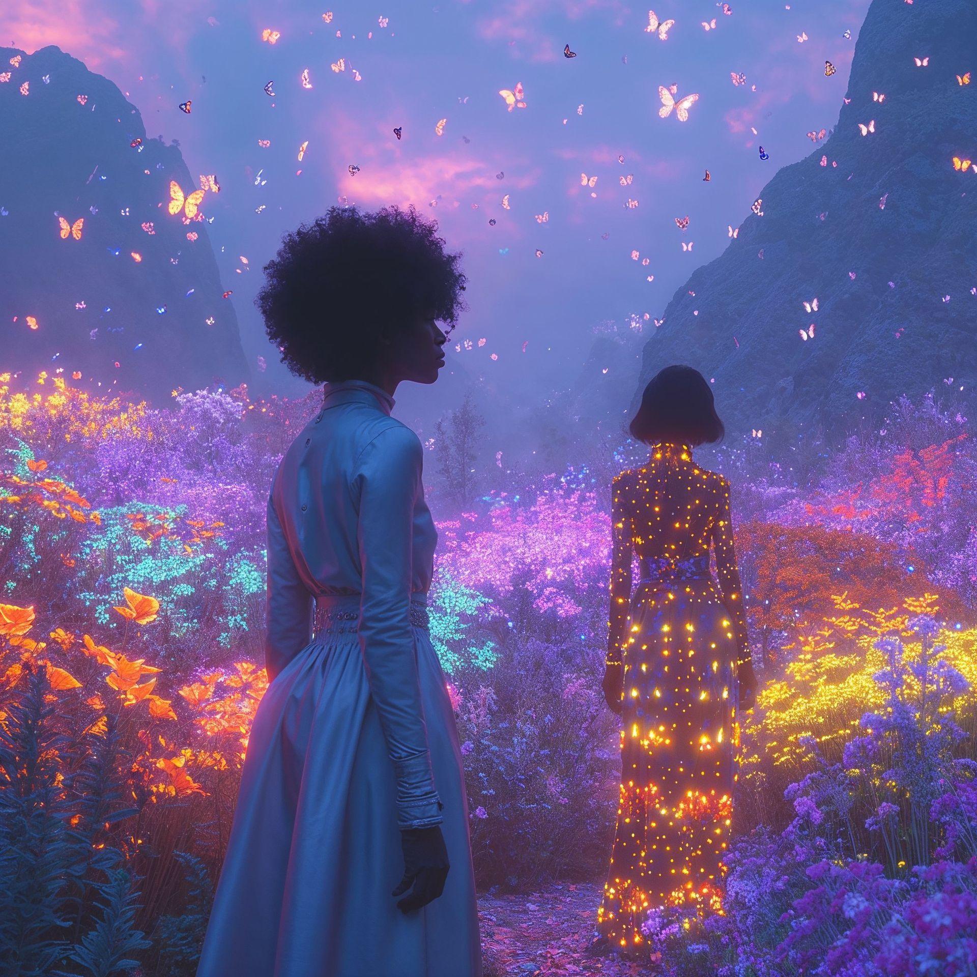 The image displays an ethereal and vibrant garden scene, illuminated by a twilight or pre-dawn sky that casts a soft purple and pink hue over the environment. Two female figures are present. The first figure, seen from a profile view, appears to be a woman with a voluminous afro hairstyle, dressed in a classic, long-sleeved, mid-calf length blue dress with a cinched waist. She gazes toward the second figure, who is facing away from the viewer. This second figure is outlined with glowing, yellowish lights that trace her silhouette, giving her a mystical, star-studded appearance that contrasts with the natural setting. The garden itself is lush with a variety of flowers and plants, shining in neon-like colors ranging from deep blue to vibrant orange, interspersed with fern-like greenery. The atmosphere is magical, further enhanced by butterflies that flutter throughout the scene, adding movement and a sense of whimsy. This image would captivate viewers with its blend of nature and fantasy, providing an immersive visual experience of Breonna's Garden.